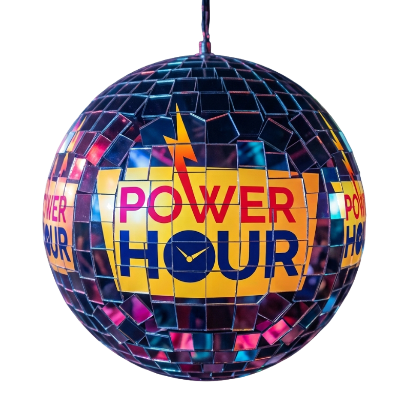 Power Hour Disco ball banner image Hanging mirrored disco ball featuring a yellow graphic that reads Power Hour with a lightning bolt and clock icon