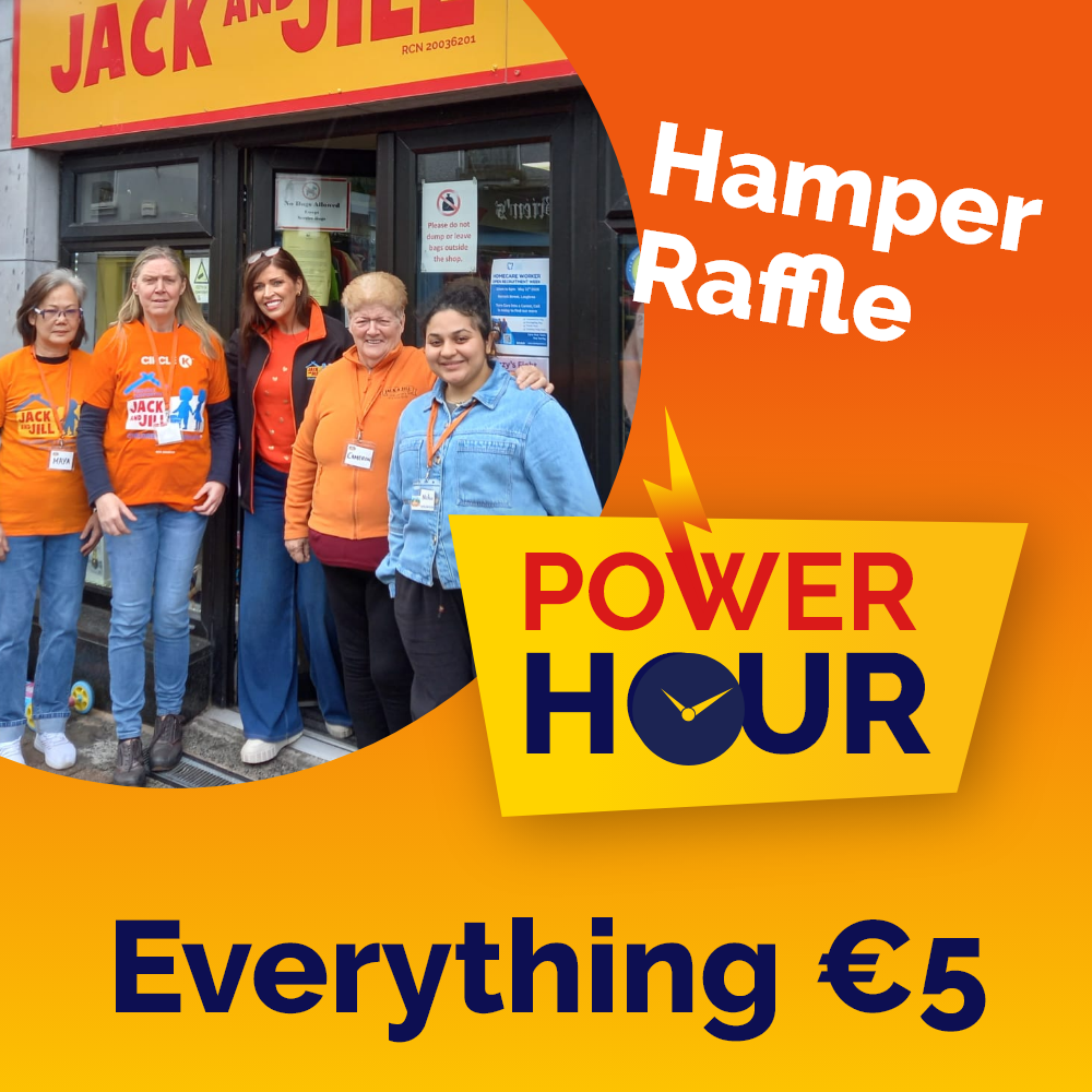 Power Hour Loughrea Jack and Jill Charity Boutique Loughrea staff gathered outside the shop promoting a hamper raffle and Everything €5 offer during the Power Hour campaign.