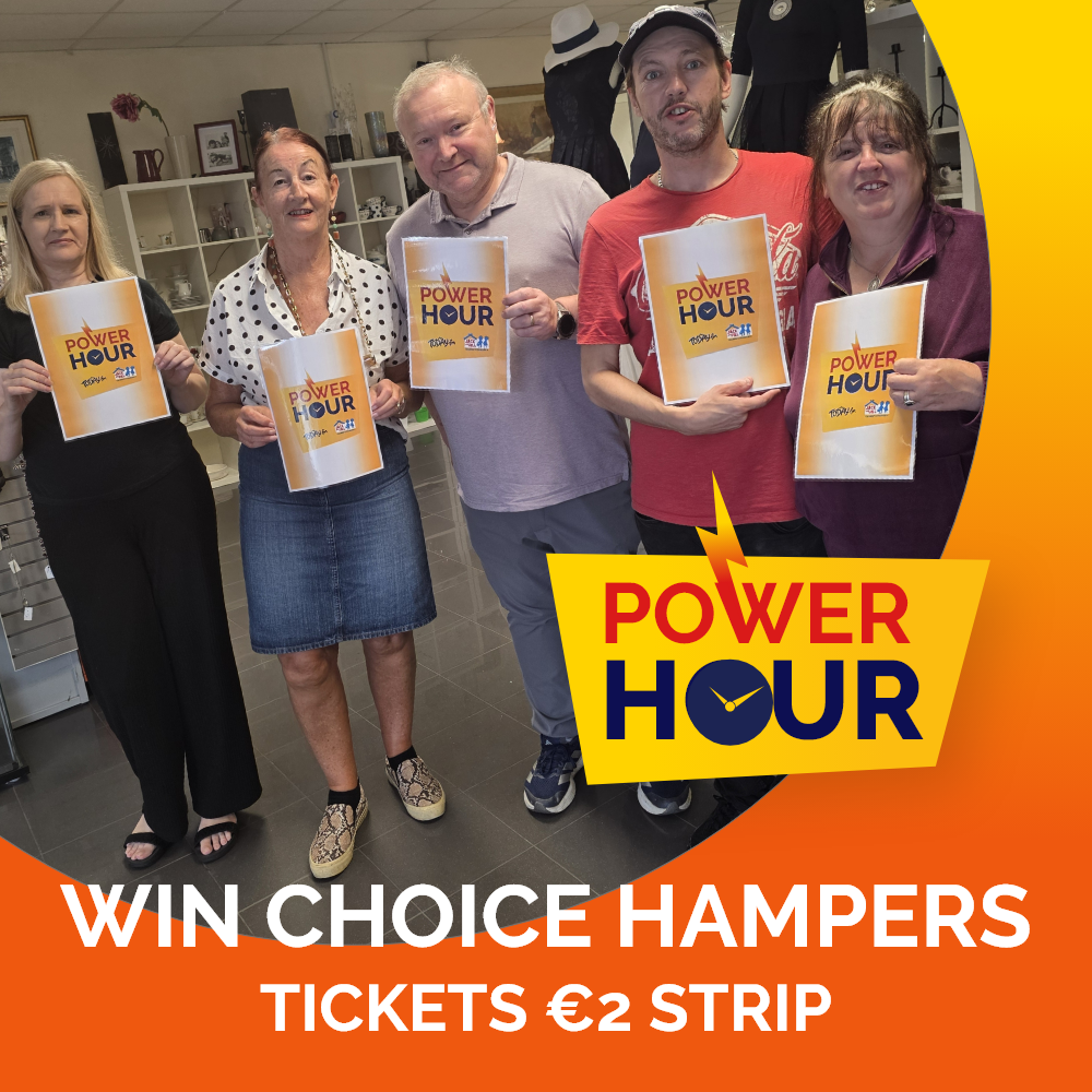 Power Hour Power Gorey -1 Five people in a store holding up Power Hour flyers, with promotional text below reading "Win Choice Hampers, Tickets €2 Strip
