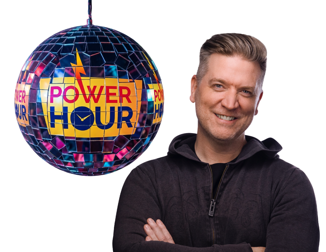 Dave Moore Today FM standing next to a disco ball featuring the "POWER HOUR" event logo