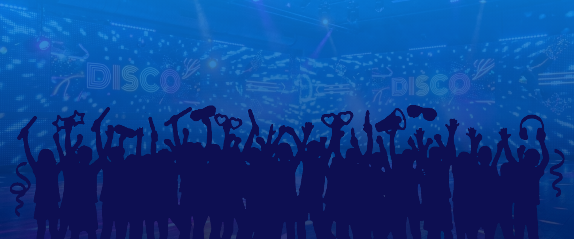 Dark blue silhouette of a cheering crowd holding party props in front of a blue lighted disco stage with illuminated DISCO signs