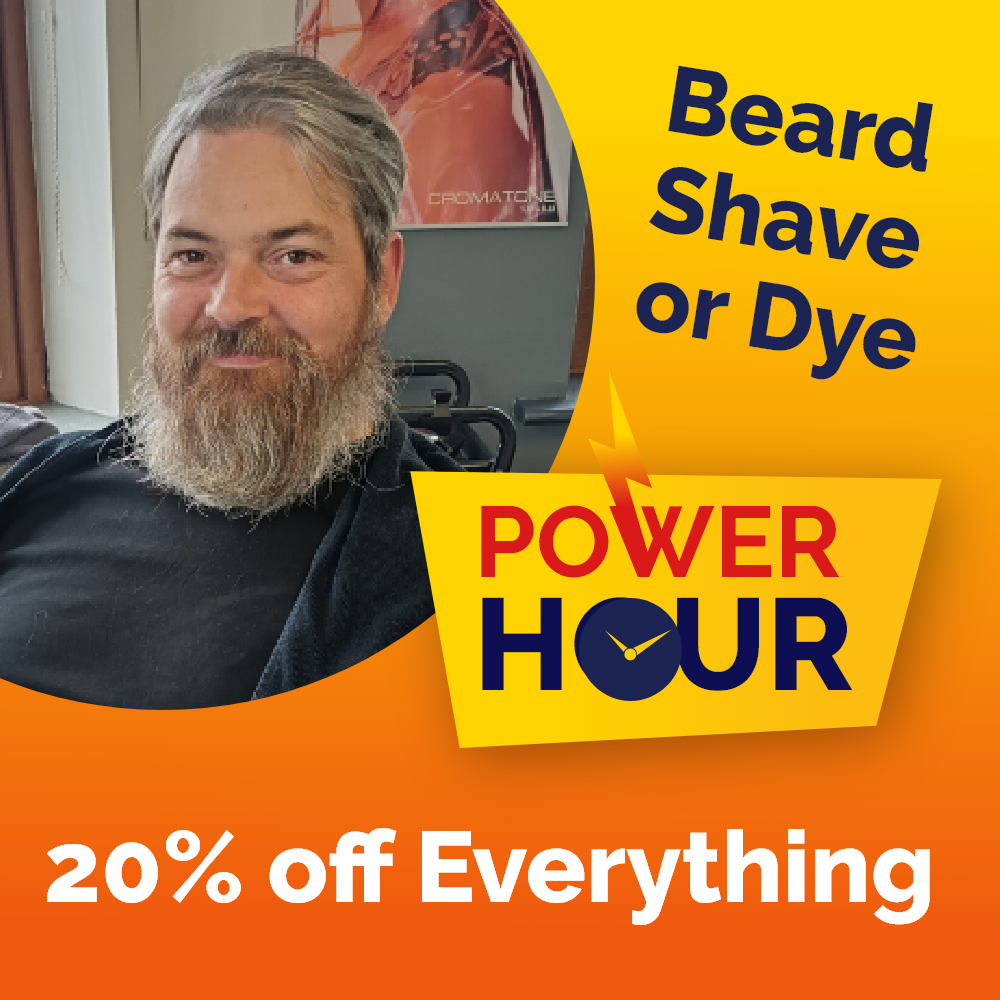 Power Hour Tullamore A smiling man with a full beard featured alongside text reading "Beard Shave or Dye" and "20% off Everything", displaying the Power Hour logo.
