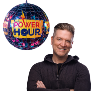 Dave Moore Today FM standing next to a disco ball featuring the "POWER HOUR" event logo