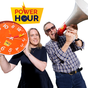 Today FM presenters posing with a large orange Power Hour clock and a red and white megaphone against a plain white background.