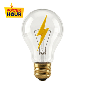 A clear glass light bulb containing a solid bright yellow lightning bolt filament in the center,