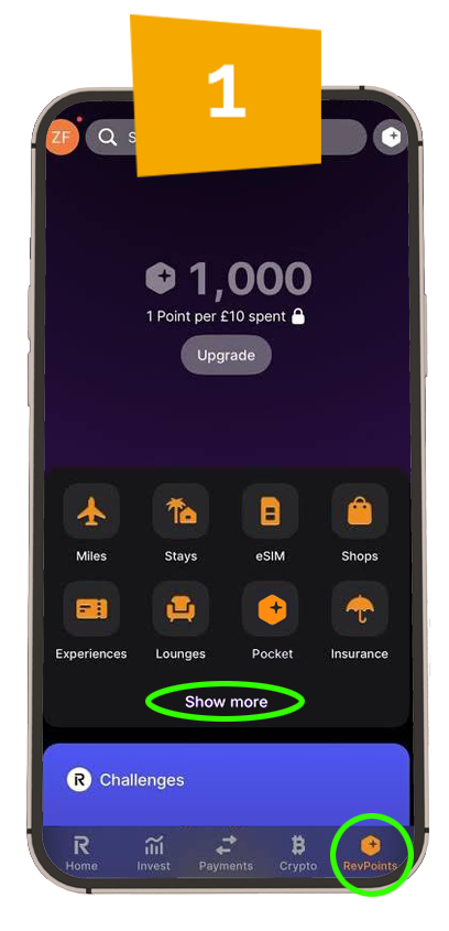 Smartphone screen displaying the Revolut mobile application's RevPoints interface, highlighting the RevPoints tab and the 'Show more' button.