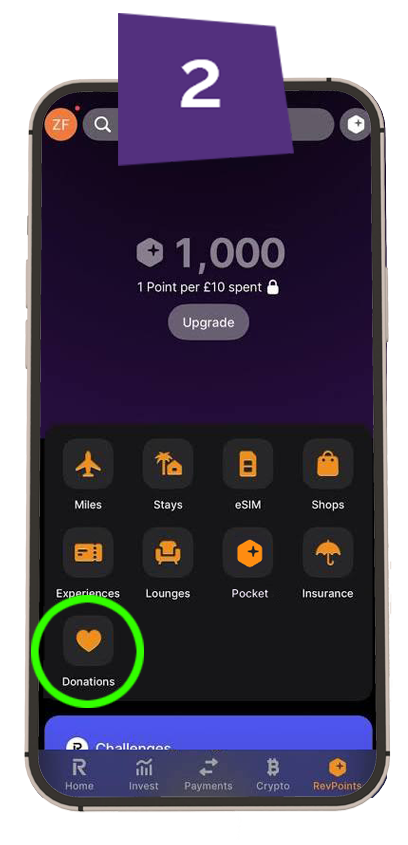 Smartphone screen displaying the Revolut app RevPoints menu, highlighting the Donations icon with a green circle.