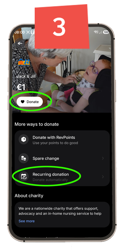 Smartphone screen showing the Jack & Jill charity donation page on the Revolut app, highlighting the Donate button and Recurring donation option.