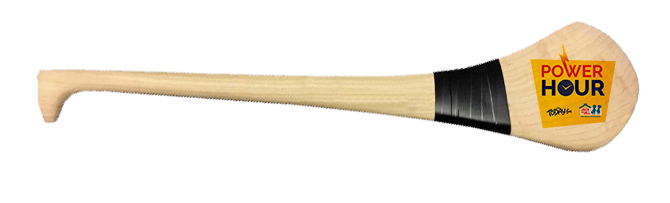 Wooden hurley with black grip tape and the Power Hour campaign logo