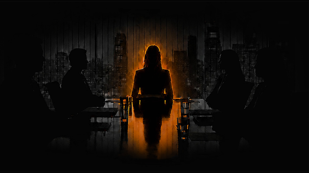 Three silhouetted figures seated around a long table in a dark boardroom against a city skyline, with the central figure dramatically outlined in a warm orange glow.