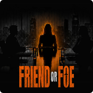 Promotional image for 'Friend or Foe' showing three silhouetted figures seated around a table in a dark boardroom against a city skyline, with the central figure outlined in orange light and the title text 'FRIEND OR FOE' at the bottom.
