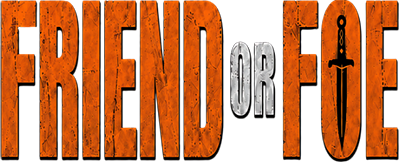 Text that reads 'FRIEND OR FOE', with the word 'FRIEND' and part of 'FOE' styled in textured orange, 'OR' in metallic silver, and a black dagger replacing the letter 'I' in 'FOE'.